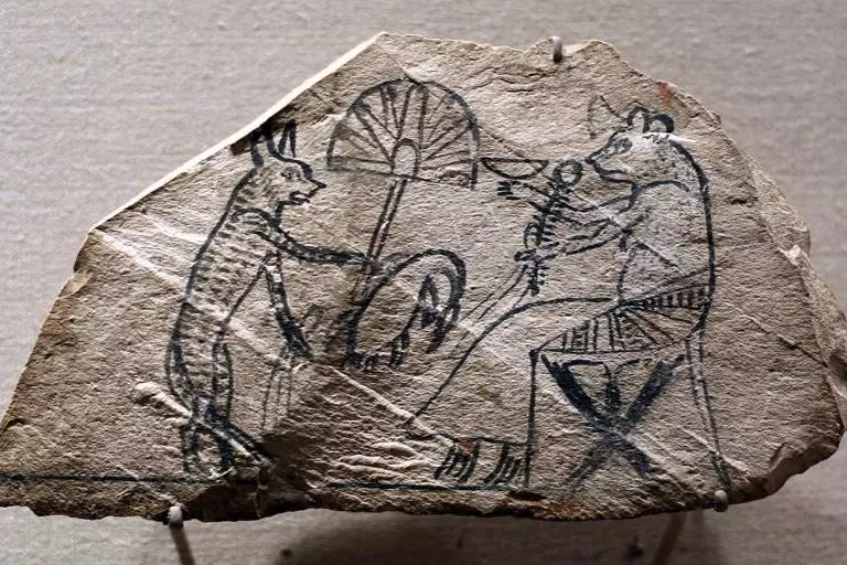brooklynmuseum_figured_ostracon_showing_a_cat_waiting_on_a_mouse